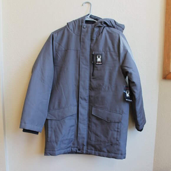 Boys Spyder NWT Hooded Ski Snowboard Jacket Grey L (14/16)